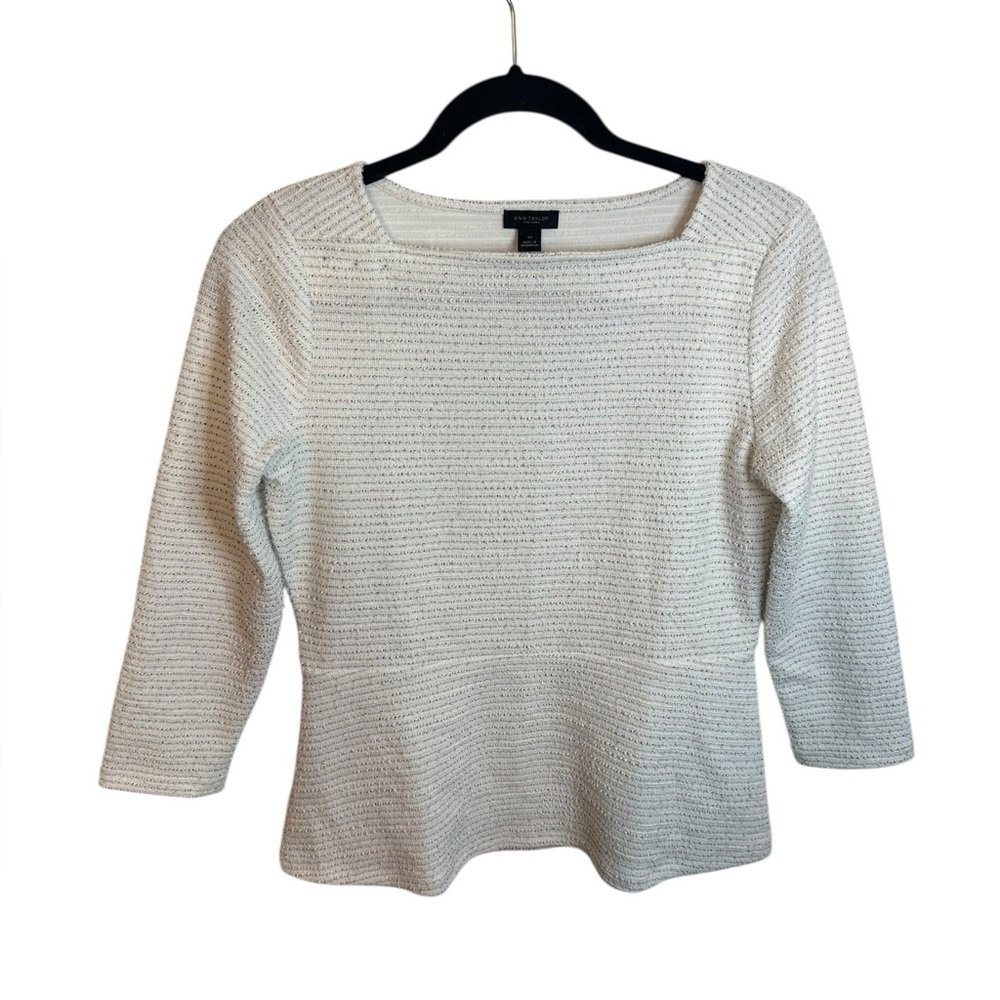 Ann Taylor White Metallic Tweed Peplum 3/4 Sleeve Blouse
